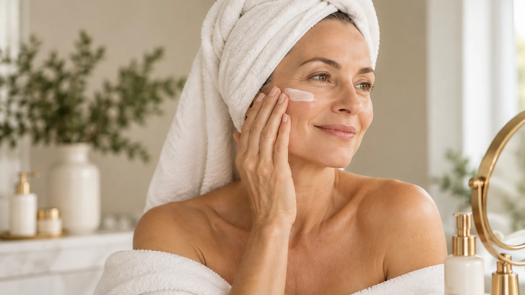 Woman applying skincare cream to her cheek